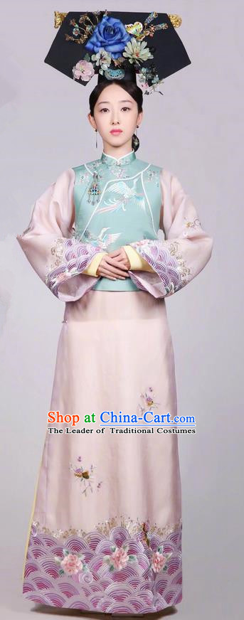 Traditional Chinese Ancient Qing Dynasty Imperial Princess Costume and Headwear Complete Set, Above The Clouds Chinese Mandarin Robes Palace Lady Embroidered Clothing for Women