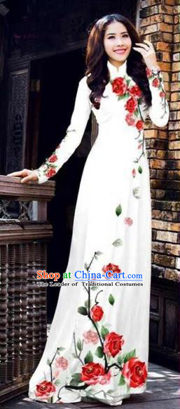 Traditional Top Grade Asian Vietnamese Costumes Classical Printing Flowers Full Dress, Vietnam National Ao Dai Dress Catwalks White Qipao for Women