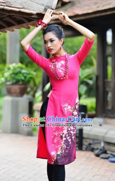 Traditional Top Grade Asian Vietnamese Costumes Classical Printing Flowers Full Dress, Vietnam National Ao Dai Dress Catwalks Rosy Short Qipao for Women