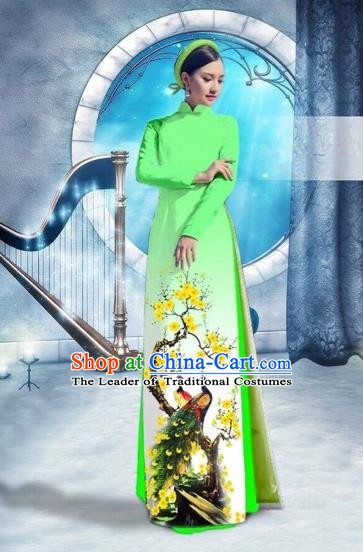 Traditional Top Grade Asian Vietnamese Costumes Classical Printing Peacock Full Dress, Vietnam National Ao Dai Dress Catwalks Debutante Green Qipao for Women