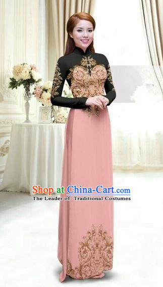 Traditional Top Grade Asian Vietnamese Costumes Classical Printing Full Dress, Vietnam National Ao Dai Dress Catwalks Debutante Lace Pink Qipao for Women