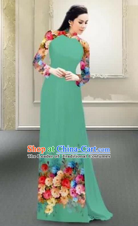 Traditional Top Grade Asian Vietnamese Costumes Classical Printing Flowers Full Dress, Vietnam National Ao Dai Dress Catwalks Debutante Green Qipao for Women