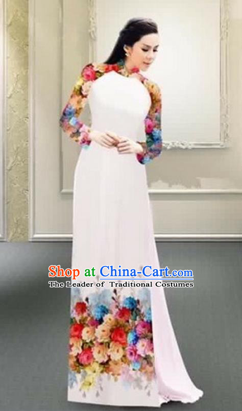 Traditional Top Grade Asian Vietnamese Costumes Classical Printing Flowers Full Dress, Vietnam National Ao Dai Dress Catwalks Debutante White Qipao for Women