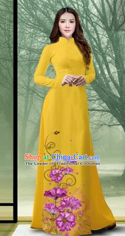 Traditional Top Grade Asian Vietnamese Costumes Classical Printing Flowers Full Dress, Vietnam National Ao Dai Dress Catwalks Debutante Yellow Qipao for Women