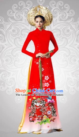 Traditional Top Grade Asian Vietnamese Costumes Classical Printing New Year Full Dress, Vietnam National Ao Dai Dress Catwalks Debutante Red Qipao for Women