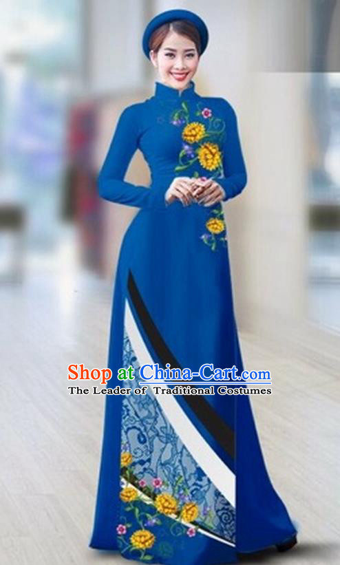 Traditional Top Grade Asian Vietnamese Costumes Classical Printing Full Dress Dance Cothing, Vietnam National Ao Dai Dress Catwalks Debutante Royalblue Qipao for Women