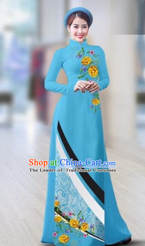 Traditional Top Grade Asian Vietnamese Costumes Classical Printing Full Dress Dance Cothing, Vietnam National Ao Dai Dress Catwalks Debutante Light Blue Qipao for Women