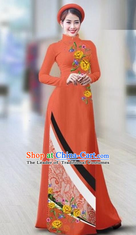 Traditional Top Grade Asian Vietnamese Costumes Classical Printing Full Dress Dance Cothing, Vietnam National Ao Dai Dress Catwalks Debutante Orange Qipao for Women