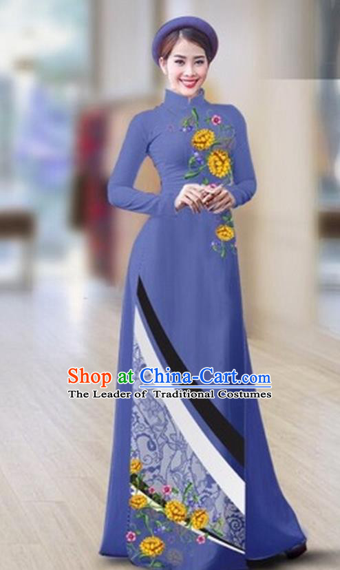 Traditional Top Grade Asian Vietnamese Costumes Classical Printing Full Dress Dance Cothing, Vietnam National Ao Dai Dress Catwalks Debutante Dusty Blue Qipao for Women