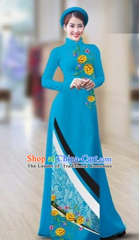 Traditional Top Grade Asian Vietnamese Costumes Classical Printing Full Dress Dance Cothing, Vietnam National Ao Dai Dress Catwalks Debutante Blue Qipao for Women