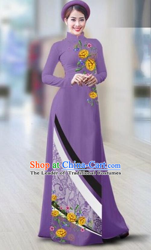 Traditional Top Grade Asian Vietnamese Costumes Classical Printing Full Dress Dance Cothing, Vietnam National Ao Dai Dress Catwalks Debutante Violet Qipao for Women