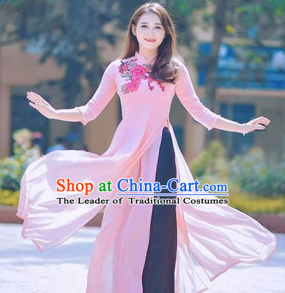 Traditional Top Grade Asian Vietnamese Costumes Classical Printing Flowers Full Dress, Vietnam National Ao Dai Dress Catwalks Debutante Pink Chiffon Qipao for Women