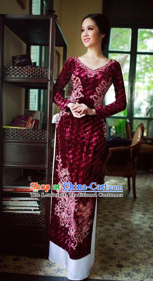 Traditional Top Grade Asian Vietnamese Costumes Classical Manual Embroider Bead Full Dress, Vietnam National Ao Dai Dress Pleuche Cheongsam for Women