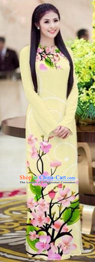 Traditional Top Grade Asian Vietnamese Costumes Classical Printing Peach Blossom Princess Full Dress, Vietnam National Ao Dai Dress Beige Cheongsam for Women