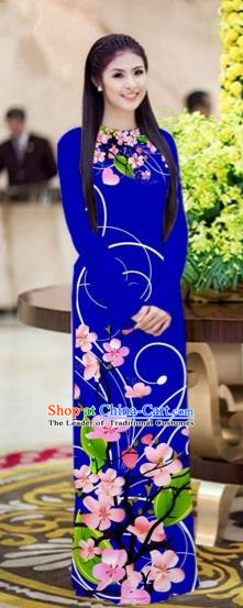 Traditional Top Grade Asian Vietnamese Costumes Classical Printing Peach Blossom Princess Full Dress, Vietnam National Ao Dai Dress Royalblue Cheongsam for Women