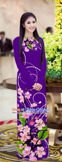 Traditional Top Grade Asian Vietnamese Costumes Classical Printing Peach Blossom Princess Full Dress, Vietnam National Ao Dai Dress Purple Cheongsam for Women