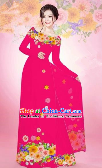 Traditional Top Grade Asian Vietnamese Costumes Classical Printing Flowers Bride Off Shoulder Full Dress, Vietnam National Ao Dai Dress Rosy Chiffon Cheongsam for Women