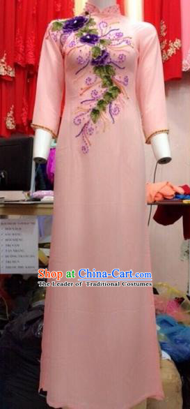 Traditional Top Grade Asian Vietnamese Costumes Classical Wedding Embroidery Full Dress, Vietnam National Ao Dai Dress Catwalks Debutante Bride Pink Qipao for Women