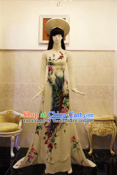 Traditional Top Grade Asian Vietnamese Costumes Classical Printing Peacock Full Dress, Vietnam National Ao Dai Dress Catwalks Debutante Queen White Qipao for Women