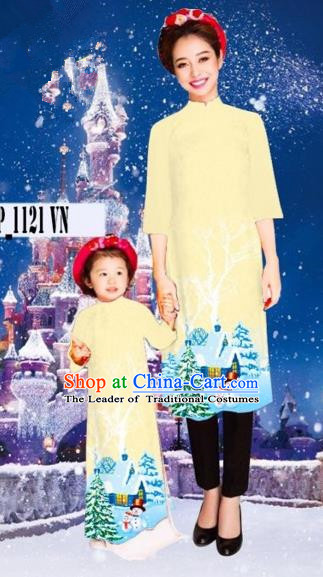 Traditional Top Grade Asian Vietnamese Costumes Classical Hand Painting Full Dress, Vietnam National Ao Dai Dress Mother-daughter Christmas Qipao