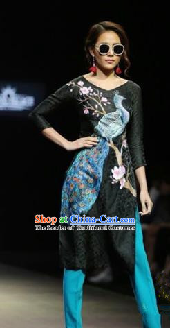 Traditional Top Grade Asian Vietnamese Costumes Classical Printing Peacock Full Dress, Vietnam National Ao Dai Dress Black Short Qipao for Women