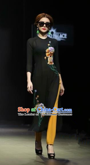 Traditional Top Grade Asian Vietnamese Costumes Classical Hand Painting Flower Full Dress, Vietnam National Ao Dai Dress Black Short Qipao for Women