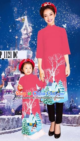 Traditional Top Grade Asian Vietnamese Costumes Classical Printing Christmas Pink Full Dress, Vietnam National Ao Dai Dress Mother-daughter Cheongsam for Women for Kids