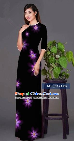 Traditional Top Grade Asian Vietnamese Costumes Classical Princess Full Dress, Vietnam National Ao Dai Dress Black Cheongsam for Women