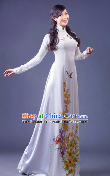 Traditional Top Grade Asian Vietnamese Costumes Classical Princess Printing Butterfly Full Dress, Vietnam National Ao Dai Dress White Cheongsam for Women