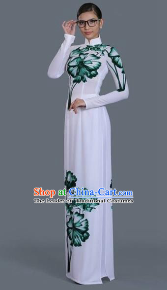 Traditional Top Grade Asian Vietnamese Costumes Classical Princess Printing Full Dress, Vietnam National Ao Dai Dress White Cheongsam for Women
