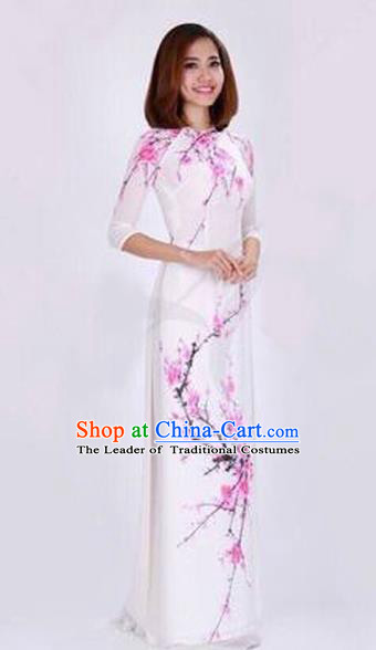 Traditional Top Grade Asian Vietnamese Costumes Classical Princess Painting Wintersweet Full Dress, Vietnam National Ao Dai Dress White Cheongsam for Women