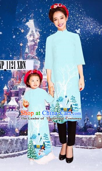 Traditional Top Grade Asian Vietnamese Costumes Classical Printing Christmas Blue Full Dress, Vietnam National Ao Dai Dress Mother-daughter Cheongsam for Women for Kids