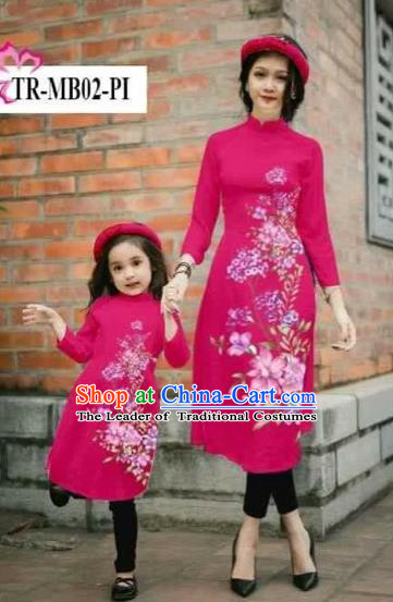 Traditional Top Grade Asian Vietnamese Costumes Classical Printing Cheongsam, Vietnam National Ao Dai Dress Parent-child Rosy Full Dress for Women for Kids