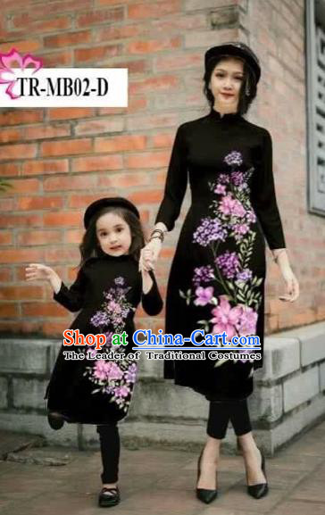 Traditional Top Grade Asian Vietnamese Costumes Classical Printing Cheongsam, Vietnam National Ao Dai Dress Parent-child Black Full Dress for Women for Kids