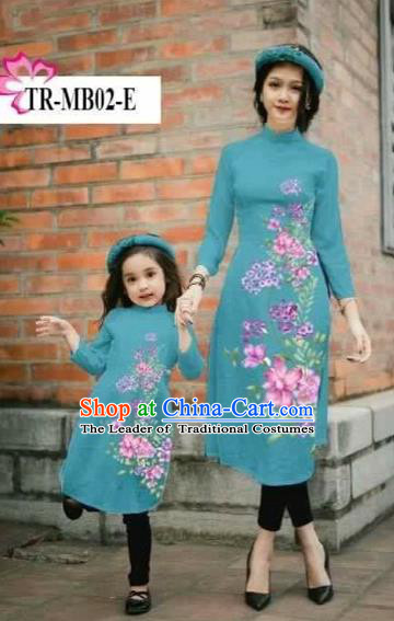 Traditional Top Grade Asian Vietnamese Costumes Classical Printing Cheongsam, Vietnam National Ao Dai Dress Parent-child Lake Blue Full Dress for Women for Kids