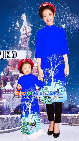 Traditional Top Grade Asian Vietnamese Costumes Classical Printing Christmas Royalblue Full Dress, Vietnam National Ao Dai Dress Mother-daughter Cheongsam for Women for Kids