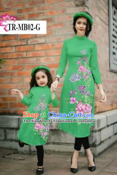 Traditional Top Grade Asian Vietnamese Costumes Classical Printing Cheongsam, Vietnam National Ao Dai Dress Parent-child Green Full Dress for Women for Kids