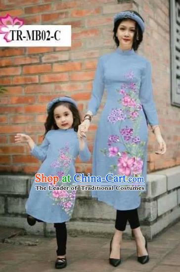 Traditional Top Grade Asian Vietnamese Costumes Classical Printing Cheongsam, Vietnam National Ao Dai Dress Parent-child Dusty Blue Full Dress for Women for Kids