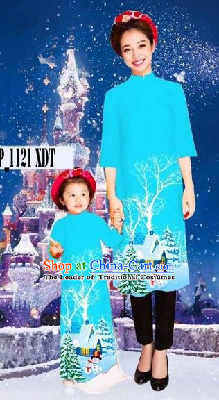 Traditional Top Grade Asian Vietnamese Costumes Classical Printing Christmas Sky Blue Full Dress, Vietnam National Ao Dai Dress Mother-daughter Cheongsam for Women for Kids