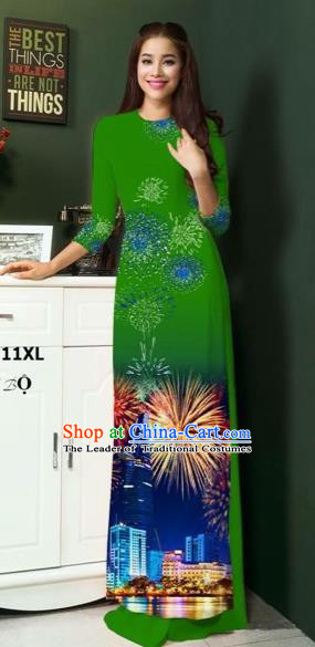 Traditional Top Grade Asian Vietnamese Costumes Classical Printing Princess Green Full Dress, Vietnam National Ao Dai Dress Cheongsam for Women