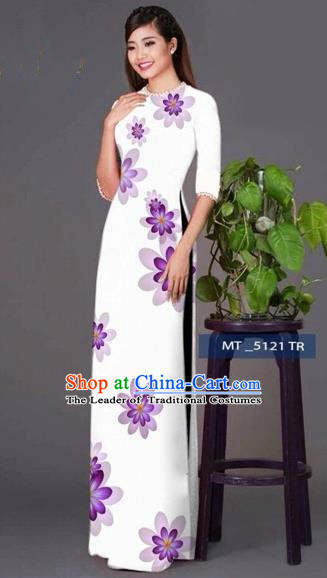 Traditional Top Grade Asian Vietnamese Costumes Classical Princess Full Dress, Vietnam National Ao Dai Dress White Cheongsam for Women