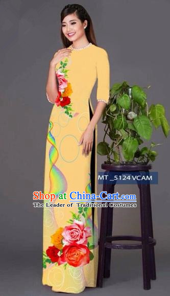 Traditional Top Grade Asian Vietnamese Costumes Classical Princess Printing Cheongsam, Vietnam National Ao Dai Dress Khaki Full Dress for Women