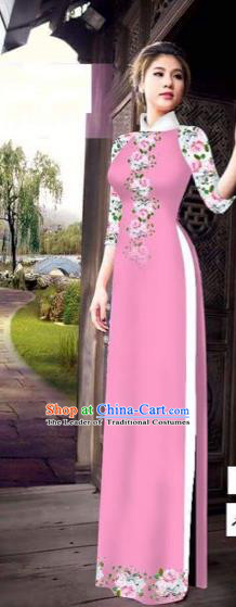 Traditional Top Grade Asian Vietnamese Costumes Classical Princess Printing Flowers Cheongsam, Vietnam National Ao Dai Dress Pink Full Dress for Women