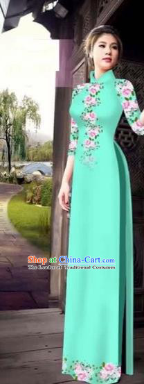 Traditional Top Grade Asian Vietnamese Costumes Classical Princess Printing Flowers Cheongsam, Vietnam National Ao Dai Dress Green Full Dress for Women