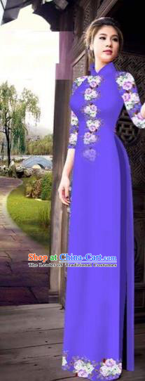 Traditional Top Grade Asian Vietnamese Costumes Classical Princess Printing Flowers Cheongsam, Vietnam National Ao Dai Dress Purple Full Dress for Women