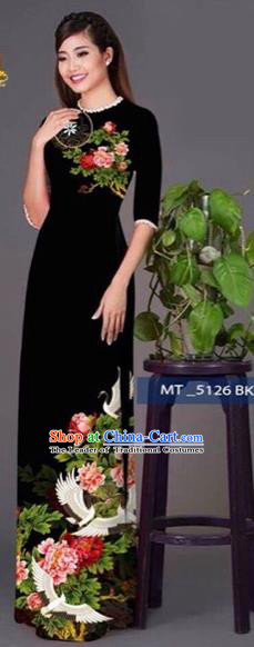 Traditional Top Grade Asian Vietnamese Costumes Classical Princess Printing Peony Flowers Cheongsam, Vietnam National Ao Dai Dress Black Full Dress for Women