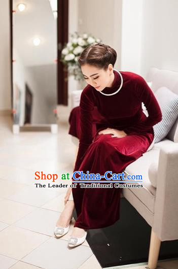 Traditional Top Grade Asian Vietnamese Costumes Classical Wine Red Cheongsam, Vietnam National Ao Dai Dress Wedding Bride Pleuche Full Dress for Women