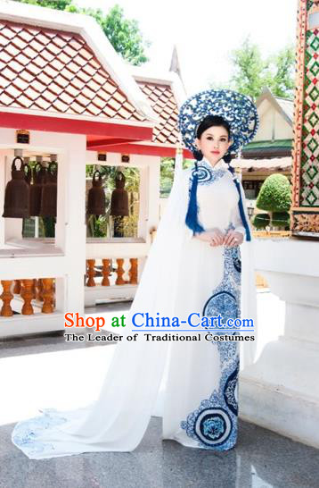 Traditional Top Grade Asian Vietnamese Costumes Classical Blue and White Porcelain Full Dress, Vietnam National Ao Dai Dress Wedding Bride Cheongsam for Women