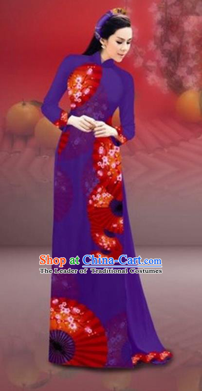 Traditional Top Grade Asian Vietnamese Costumes Classical New Year Printing Cheongsam, Vietnam National Purple Ao Dai Dress for Women