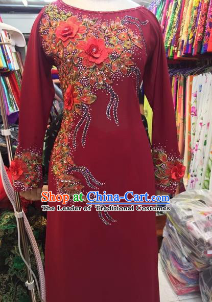 Traditional Top Grade Asian Vietnamese Costumes Classical Embroidering Flower Cheongsam, Vietnam National Red Ao Dai Dress for Women